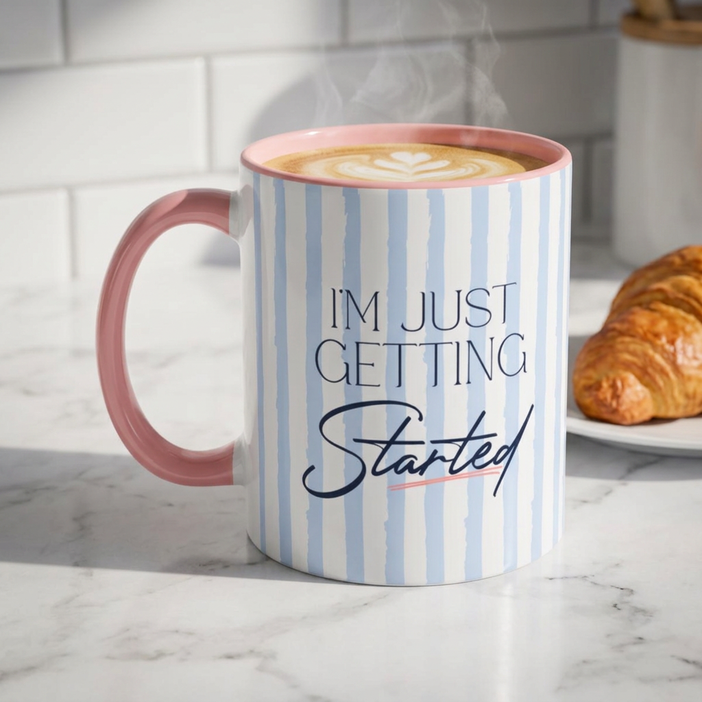 Cute Watercolor Striped Coffee Mug: "I'm Just Getting Started"