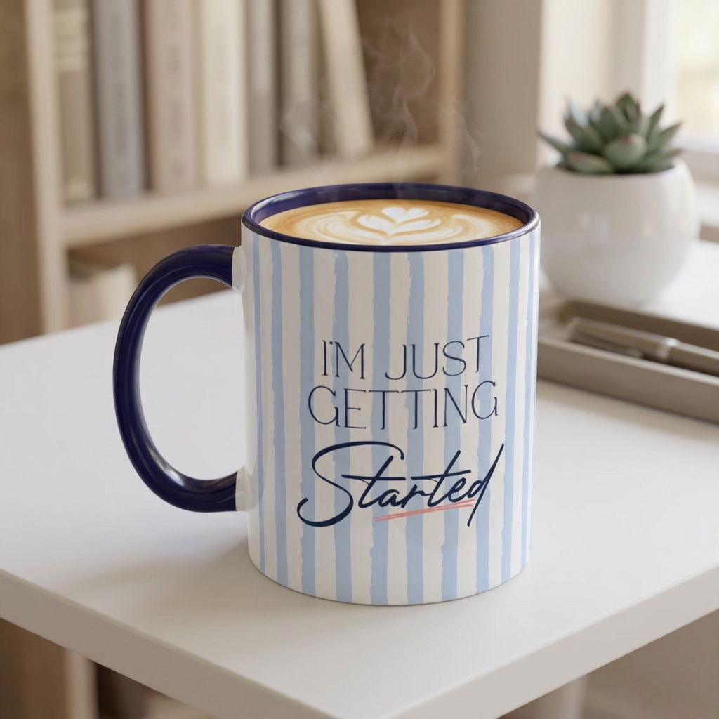 Cute Watercolor Striped Coffee Mug: "I'm Just Getting Started"
