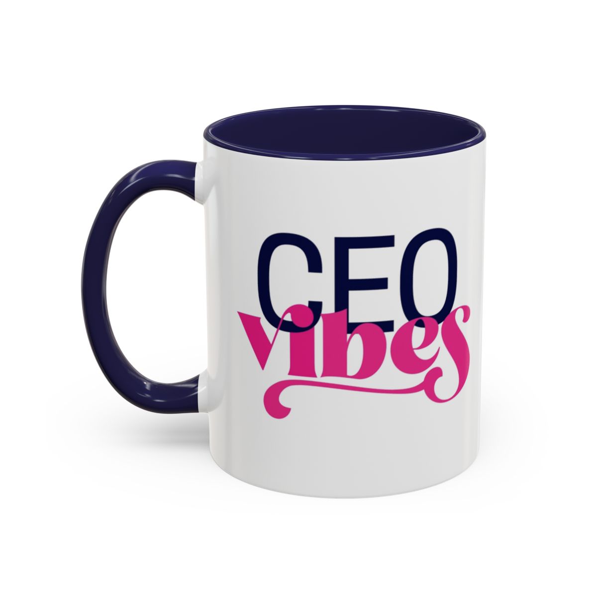 CEO Vibes coffee mug with navy interior and handle, front view with navy "CEO" and pink script "vibes"