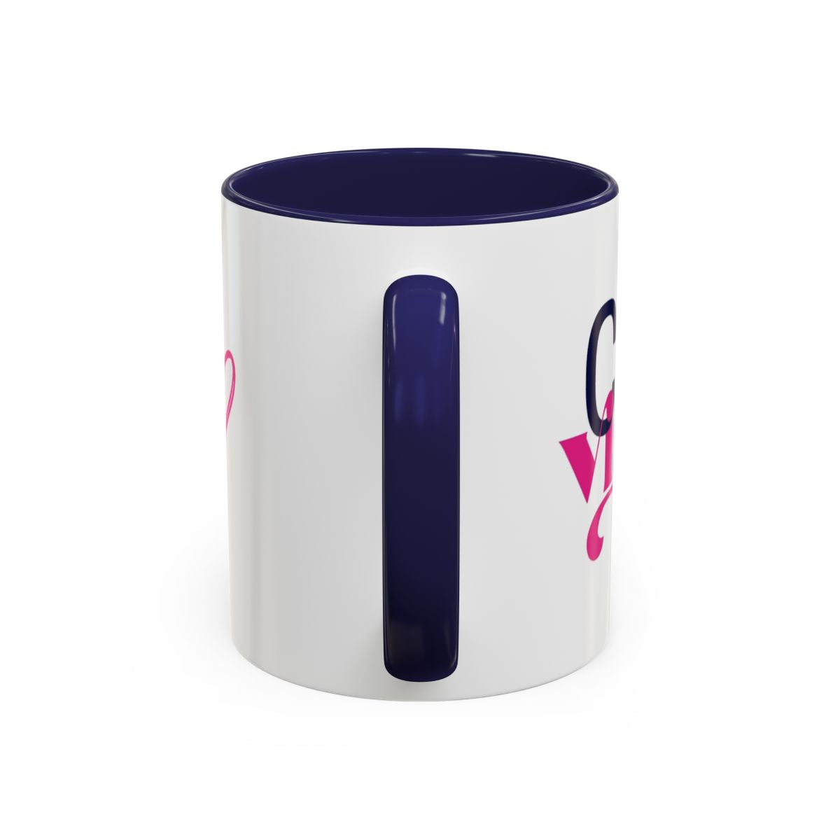 CEO Vibes coffee mug with navy interior, view of the navy handle