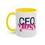 CEO Vibes coffee mug with yellow interior and handle, front view with navy "CEO" and pink script "vibes"