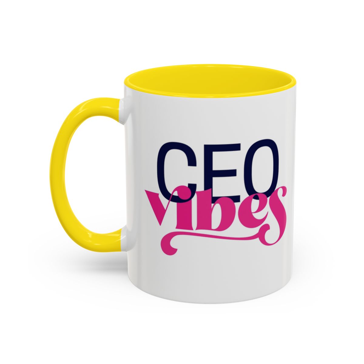 CEO Vibes coffee mug with yellow interior and handle, front view with navy "CEO" and pink script "vibes"