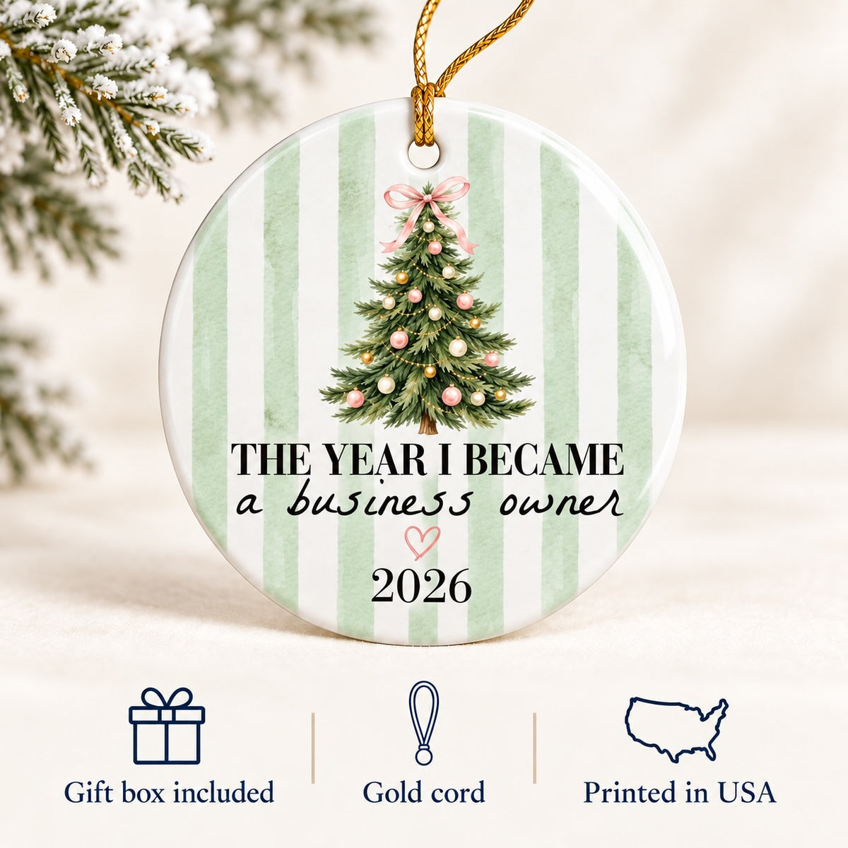 New Business Owner Christmas Tree Ornament - Green Watercolor Stripes