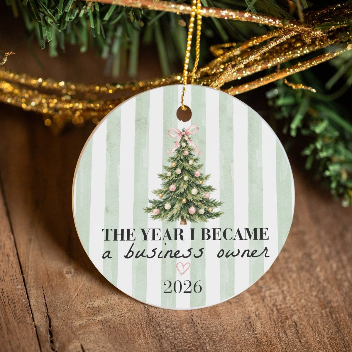 New Business Owner Christmas Tree Ornament - Green Watercolor Stripes