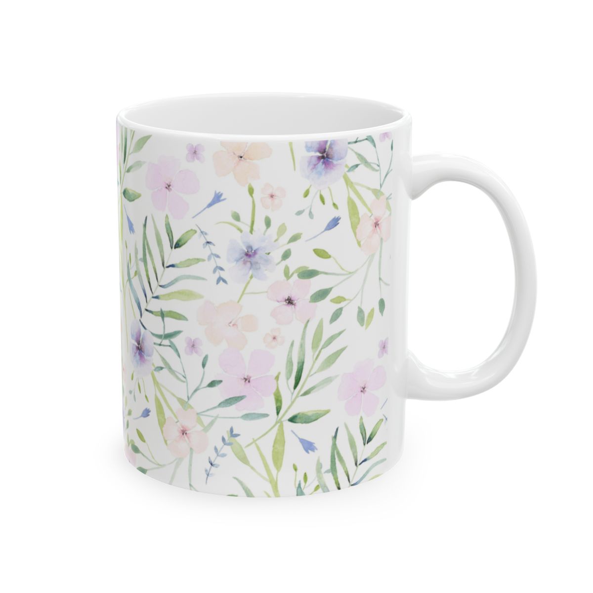 Watercolor floral coffee mug, side view of the pink, purple and peach flowers with green leaves