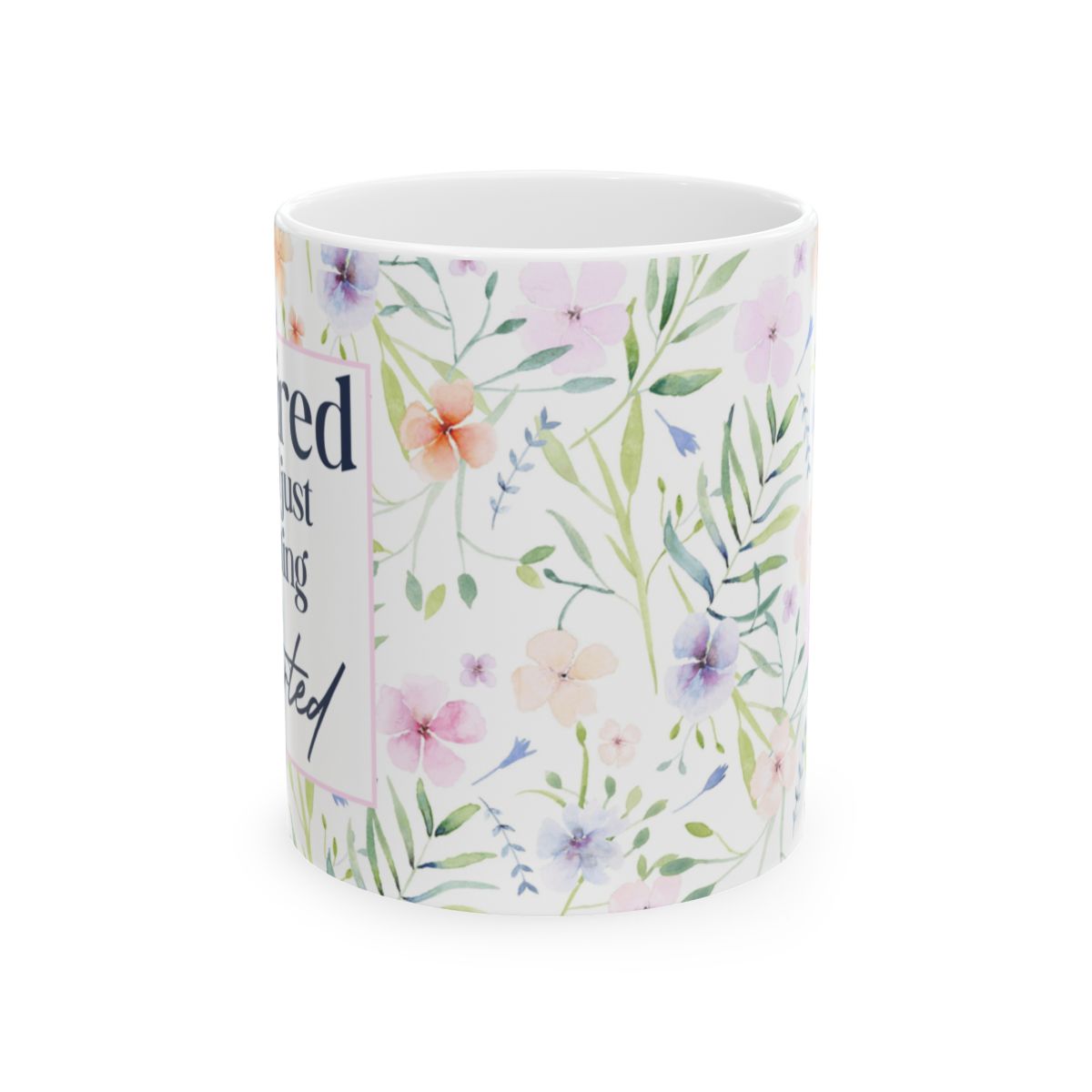 Retired and Just Getting Started floral mug, side view of the pastel watercolor flowers and text panel