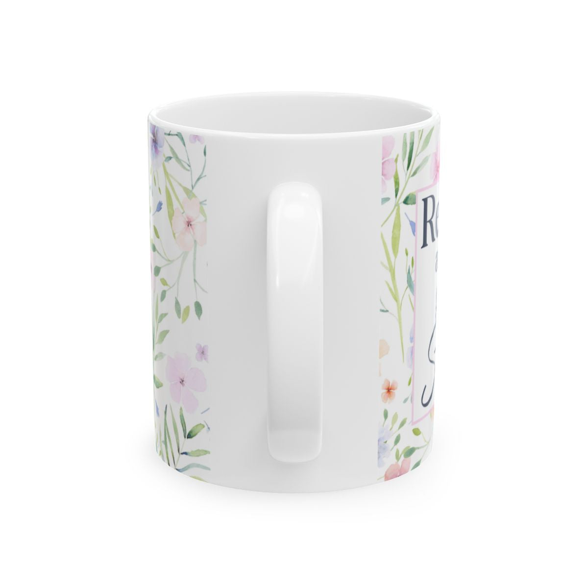 Back of the watercolor floral retirement mug, view of the white C-handle